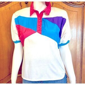 80s Top Vintage Colorblock Shirt Parachute Material & Knit Blouse Size S